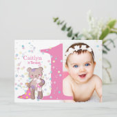 1歳のピンクの赤ちゃん写真の誕生日招待状 招待状 (スタンド正面)