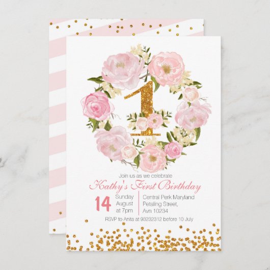 1歳のフローラガール招待状カード 招待状 (正面/裏面)