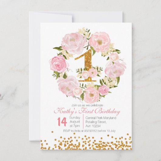 1歳のフローラガール招待状カード 招待状 (正面)