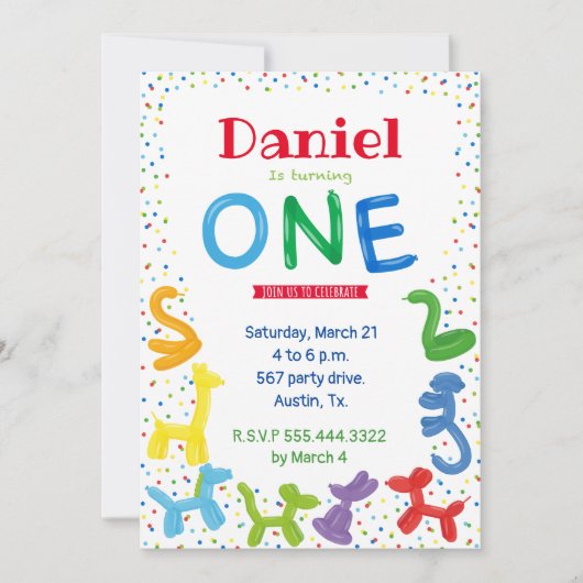 1歳の動物風船招待状 招待状 (正面)