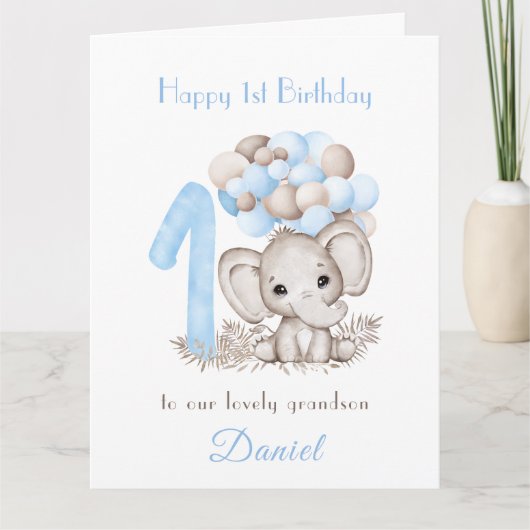 1歳の少年ブルーかわいいゾウの風船 カード (正面)