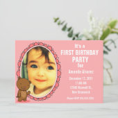 1歳の招待状-テディベアピンク 招待状 (スタンド正面)