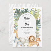 1歳の招待状、男の子か女の子、サファリの動物 招待状 (正面/裏面)