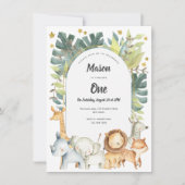 1歳の招待状、男の子か女の子、サファリの動物 招待状 (正面)