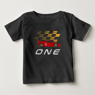1歳の男の子おもしろいの誕生日レースカー ベビーTシャツ