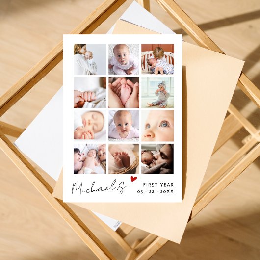 1歳の誕生日おめでとう12枚の写真コラージュ サンキューカード