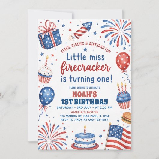 1歳の誕生日おめでとう!アメリカ独立記念日のリトルミスファイアクラッカー 招待状 (正面)