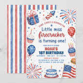 1歳の誕生日おめでとう!アメリカ独立記念日のリトルミスファイアクラッカー 招待状 (正面/裏面)