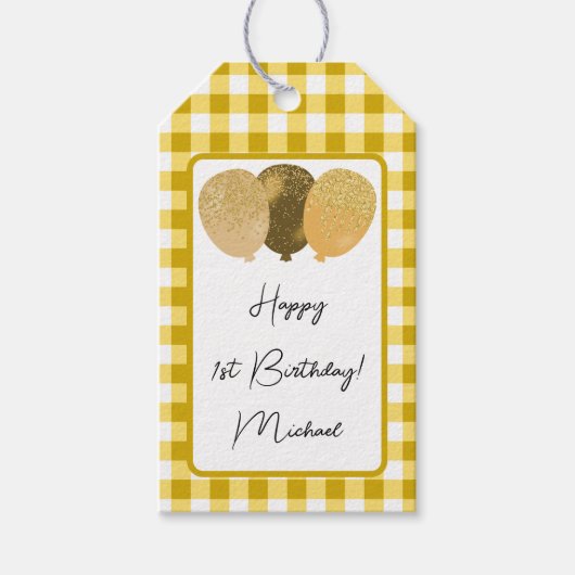 1歳の誕生日おめでとう イエローギンガムと風船 ギフトタグ (正面)