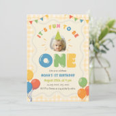 1歳の誕生日おめでとう ギンガムチェックのフォト 招待状 (スタンド正面)