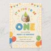 1歳の誕生日おめでとう ギンガムチェックのフォト 招待状 (正面)
