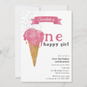 1歳の誕生日おめでとう！ハッピーガール ピンクアイスクリーム 招待状 (正面)