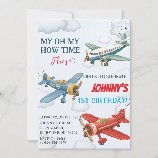 1歳の誕生日おめでとう!パーソナルボーイ飛行機 招待状 (正面)