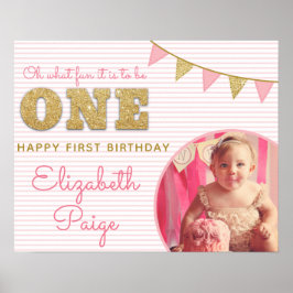1歳の誕生日おめでとう ピンクとゴールドのファーストバースデー ポスター