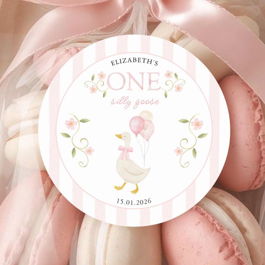 1歳の誕生日おめでとう ピンクのかわいいガールガチョウ ラウンドシール