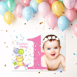 1歳の誕生日おめでとう ピンクのフォト 招待状
