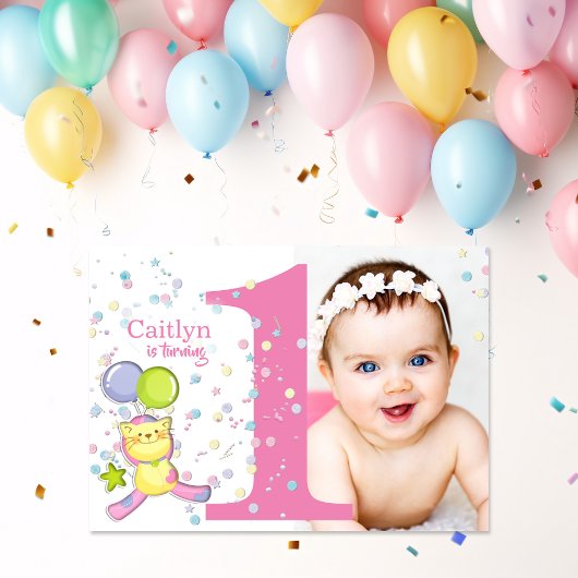 1歳の誕生日おめでとう ピンクのフォト 招待状