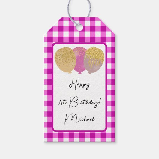1歳の誕生日おめでとう ピンクギンガム風 ふうせん ギフトタグ (正面)