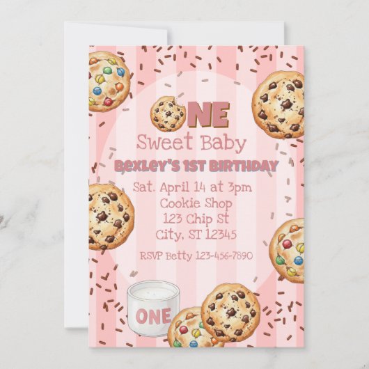 1歳の誕生日おめでとう ピンククッキーのかわいい赤ちゃん 招待状 (正面)