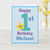 1歳の誕生日おめでとう ブルーとイエロースター カード (黄色い花)