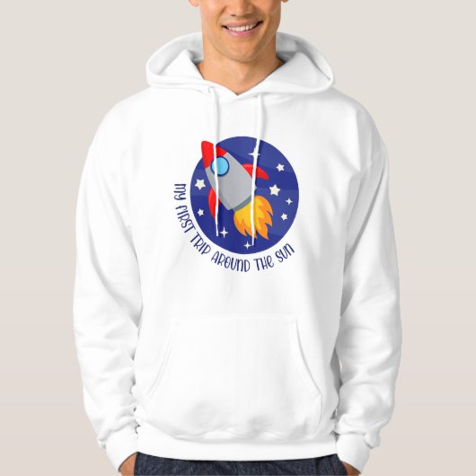 1歳の誕生日おめでとう ロケット 太陽の周りを1周 パーカ (正面)