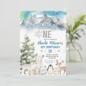 1歳の誕生日おめでとう！冬の雪が楽しい少年 招待状 (スタンド正面)