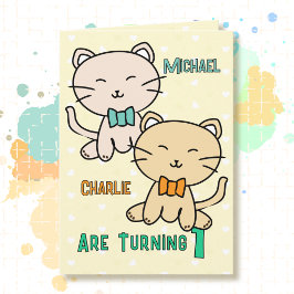 1歳の誕生日おめでとう 双子の男の子 かわいい猫のイラスト カード