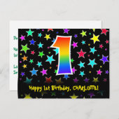 1歳の誕生日おめでとう!楽しい星の模様と虹1、名前入り ポストカード (正面/裏面)