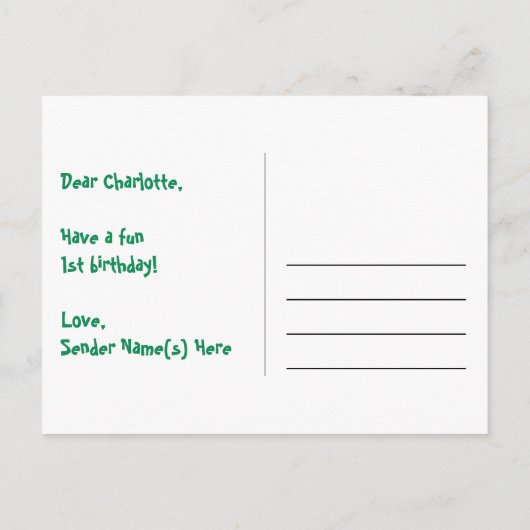 1歳の誕生日おめでとう!楽しい星の模様と虹1、名前入り ポストカード (裏面)