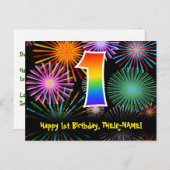 1歳の誕生日おめでとう - 楽しい花火柄 + レインボー 1 ポストカード (正面/裏面)