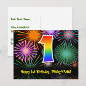 1歳の誕生日おめでとう - 楽しい花火柄 + レインボー 1 ポストカード (正面/裏面)