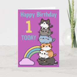 1歳の誕生日おめでとう 猫の積み重ねと年齢 カード