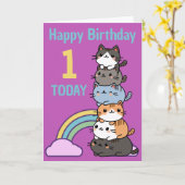 1歳の誕生日おめでとう 猫の積み重ねと年齢 カード (黄色い花)