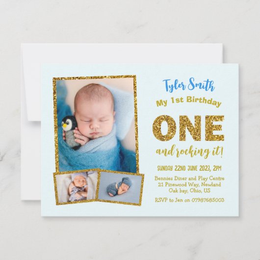 1歳の誕生日おめでとう！男の子の初めての誕生日 招待状 (正面)