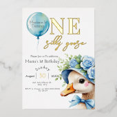 1歳の誕生日おめでとう！「One Silly Goose Boy」バースデー招待状 箔招待状 (正面)