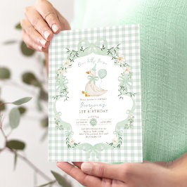 1歳の誕生日おめでとう! Sage Greenの可愛いリボンのあるカモのデザイン 招待状