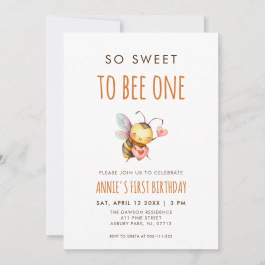 1歳の誕生日おめでとう!So Sweet To Bee One 招待状 (正面)