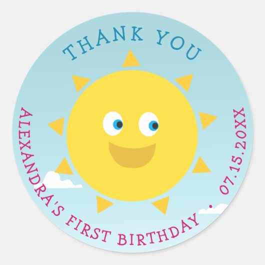 1歳の誕生日お礼の太陽 ラウンドシール (正面)