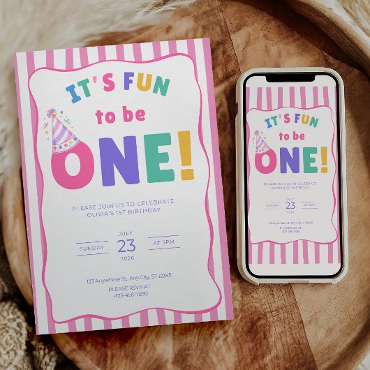 1歳の誕生日お祝い招待状 - It's Fun to Be One 招待状