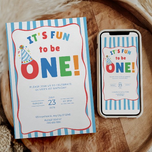 1歳の誕生日お祝い招待状 - It's Fun to Be One 招待状