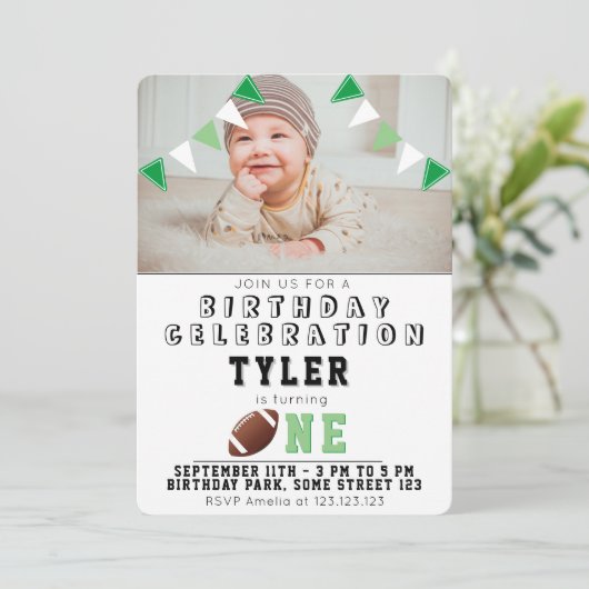 1歳の誕生日かわいいアメリカンフットボールの子供たち写真 招待状 (スタンド正面)