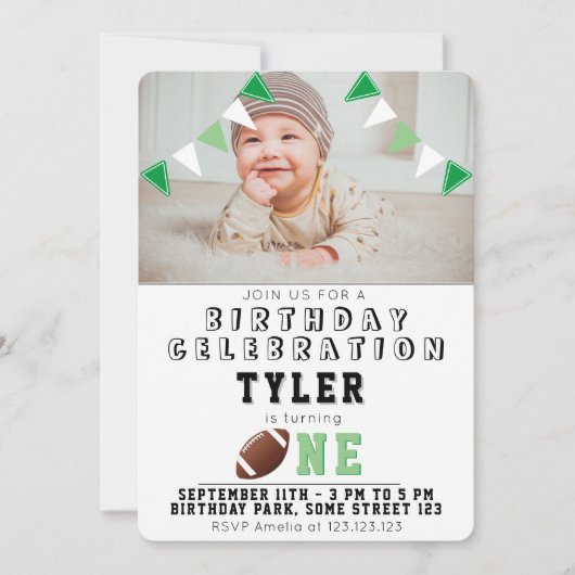 1歳の誕生日かわいいアメリカンフットボールの子供たち写真 招待状 (正面)