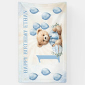 1歳の誕生日かわいいクマ青いバルーンのバナー 横断幕 (縦)