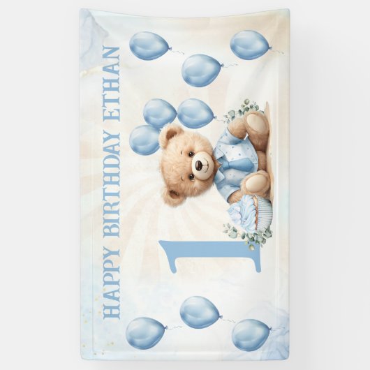 1歳の誕生日かわいいクマ青いバルーンのバナー 横断幕 (縦)