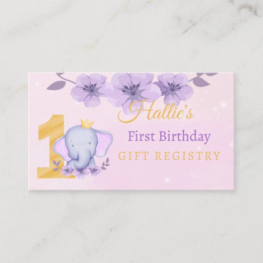 1歳の誕生日かわいいゾウのピンクのギフトレジストリ エンクロージャーカード (正面)