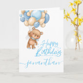 1歳の誕生日かわいいテディバルーンボーイ カード (黄色い花)