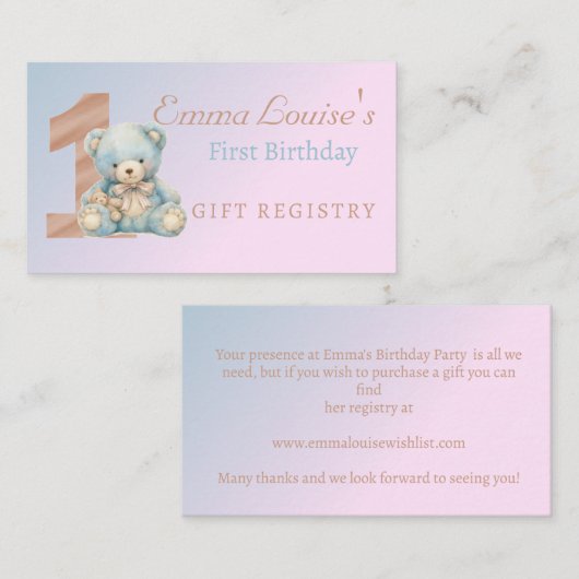 1歳の誕生日かわいいテディベアギフトレジストリ エンクロージャーカード (正面/裏面)
