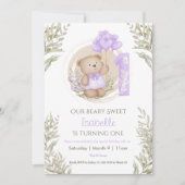 1歳の誕生日かわいいテディベアパープルハートバルーン 招待状 (正面)