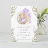 1歳の誕生日かわいいテディベアパープルハートバルーン 招待状 (スタンド正面)