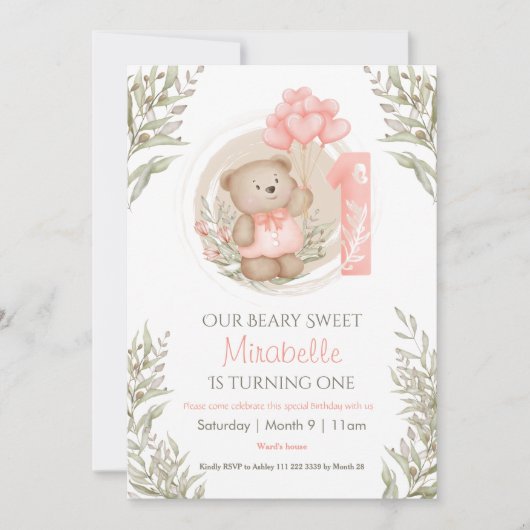 1歳の誕生日かわいいテディベア桃のハートバルーン 招待状 (正面)